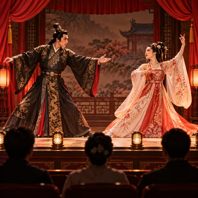 นักแสดงสองคนแสดงละครบนเวทีต่อหน้าผู้ชม