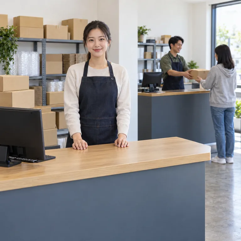 พนักงานด้านหน้ายังว่างพร้อมให้บริการที่เคาน์เตอร์ไม่มีลูกค้า ส่วนพนักงานด้านหลังกำลังส่งพัสดุให้ลูกค้า
