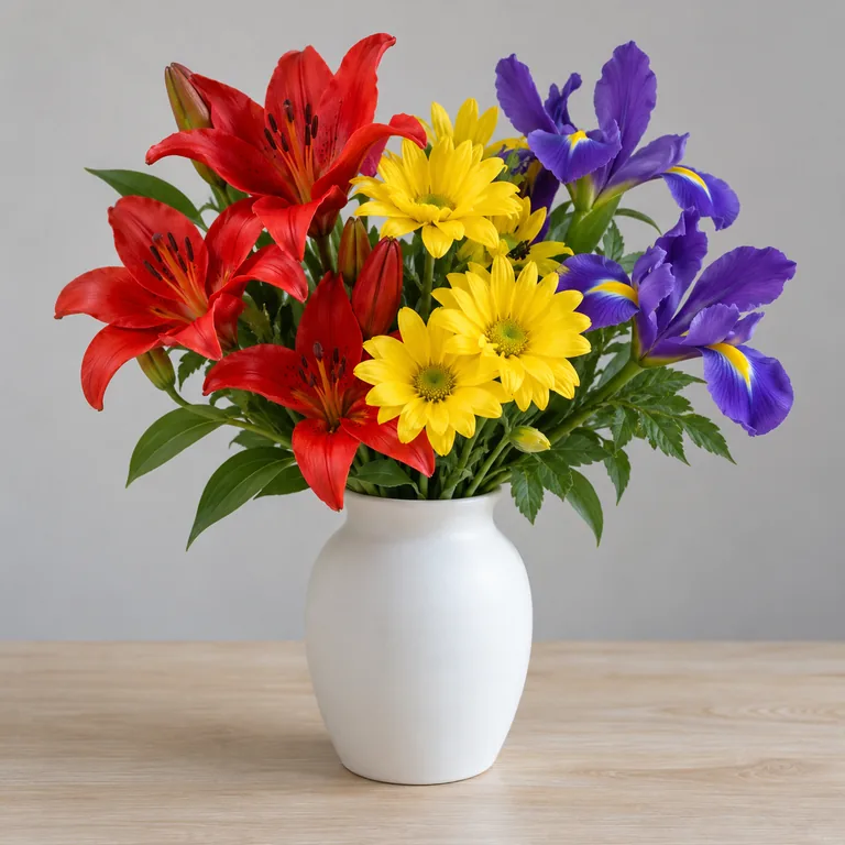 ดอกไม้สีแดง เหลือง และม่วงสดเด่นในแจกันขาวบนพื้นหลังสีเทาเรียบ