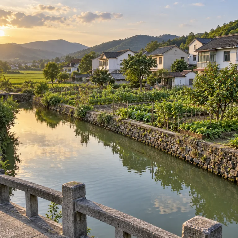 บ้านเรือนในชนบทริมคลองชลประทาน มีแปลงผัก สวนผลไม้ และทุ่งนารอบชุมชน