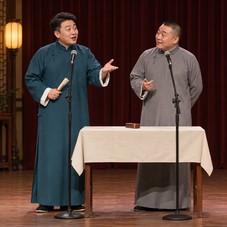 นักแสดงสมมติสองคนในชุดฉางซานแสดงเซี่ยงเซิงแบบคู่บนเวที โดยคนหนึ่งเล่าและอีกคนโต้ตอบ