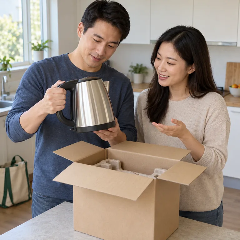 ผู้บริโภคสองคนแกะกล่องและพิจารณากาต้มน้ำไฟฟ้าที่ซื้อมาใช้ในบ้าน