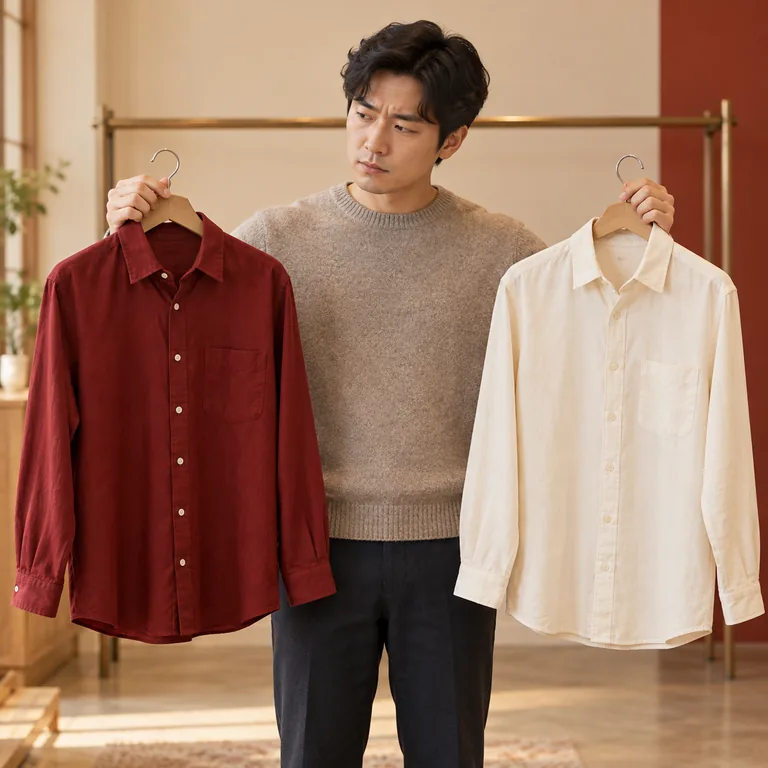 ชายถือเสื้อสองตัวในระดับใกล้กันและทำสีหน้าลังเล ยังตัดสินใจไม่ได้ว่าจะเลือกตัวใด