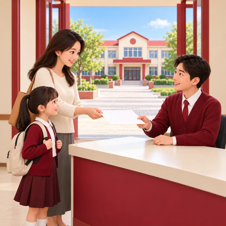 ผู้ปกครองพาเด็กมาที่โรงเรียนและยื่นเอกสารให้เจ้าหน้าที่รับสมัครนักเรียน