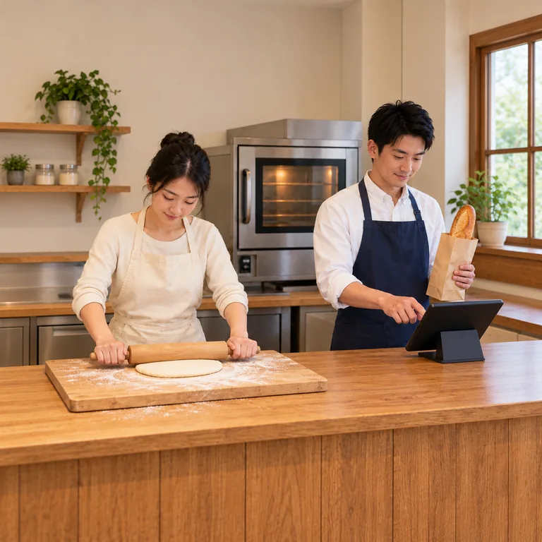 พนักงานร้านขนมทำหน้าที่ต่างกัน ฝ่ายผลิตรีดแป้ง ส่วนฝ่ายขายใช้เครื่องคิดเงินและจัดขนมใส่ถุง