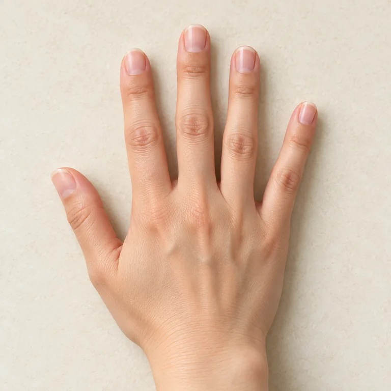 เล็บธรรมชาติห้าเล็บบนมือหนึ่งข้าง เห็นแผ่นเล็บสีชมพูอ่อนและปลายเล็บสีขาวชัดเจน