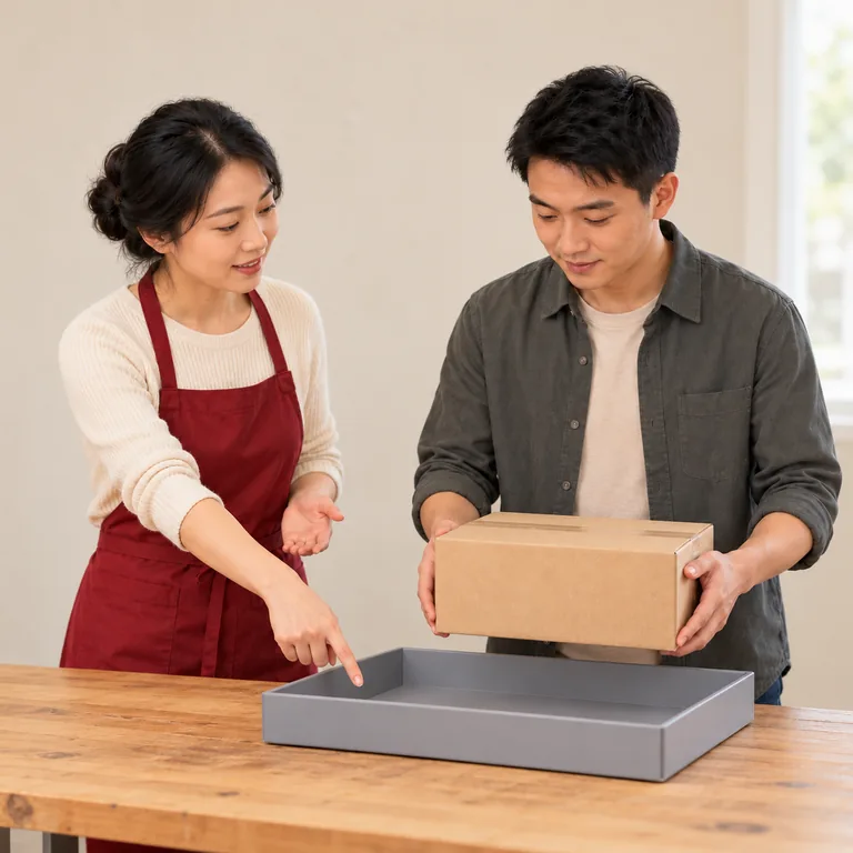 หัวหน้าชี้จุดวางกล่องในถาด ขณะที่ผู้ช่วยถือกล่องเตรียมวางตามคำแนะนำ