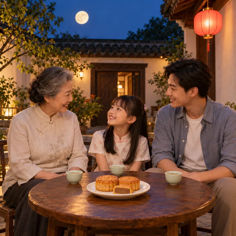 ครอบครัวสมมติสามคนนั่งพร้อมหน้ากับขนมไหว้พระจันทร์ มีดวงจันทร์และโคมไฟในลานบ้าน