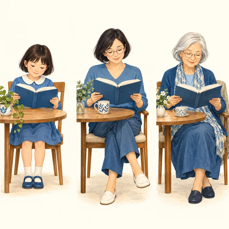 ภาพสมมติผู้หญิงคนเดียวกันอ่านหนังสือในวัยเด็ก วัยผู้ใหญ่ และวัยสูงอายุ แสดงการเรียนรู้ตลอดชีวิต