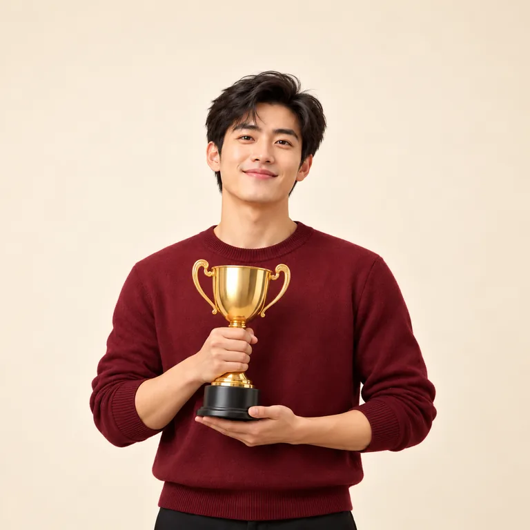 บุคคลสมมติยิ้มอย่างภาคภูมิใจและถือถ้วยรางวัลเรียบในมือทั้งสองข้าง