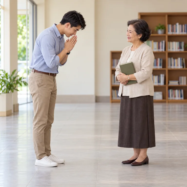 ชายผู้ใหญ่ไหว้ครูหญิงอาวุโสที่ถือหนังสือ เพื่อแสดงความเคารพ