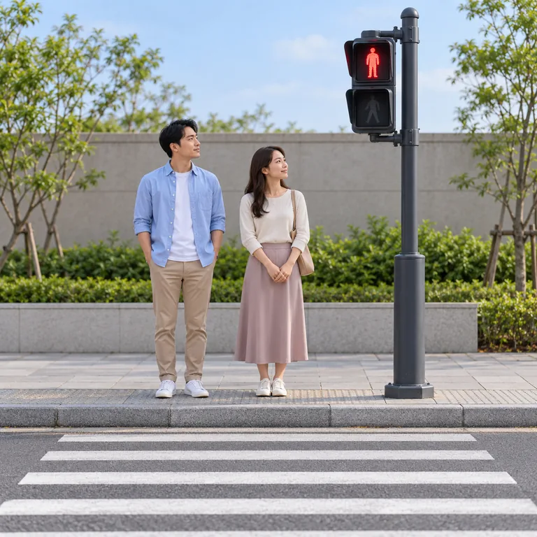 ผู้ใหญ่สองคนยืนบนทางเท้าหลังขอบถนนเพื่อรอ ขณะสัญญาณคนข้ามถนนแสดงรูปคนสีแดง