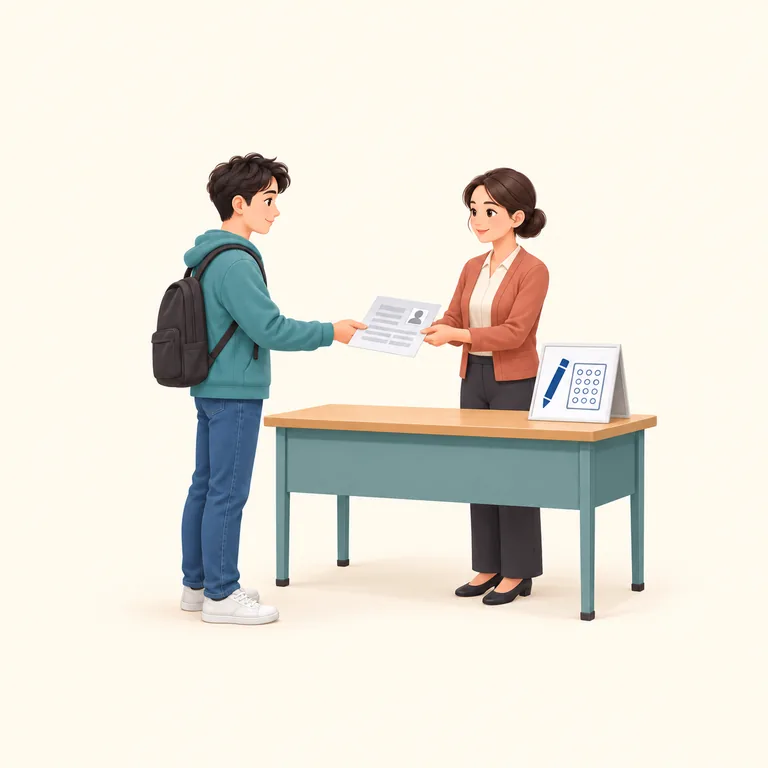 ผู้สมัครยื่นแบบฟอร์มสมัครสอบให้เจ้าหน้าที่ที่เคาน์เตอร์ มีสัญลักษณ์ดินสอและกระดาษคำตอบ