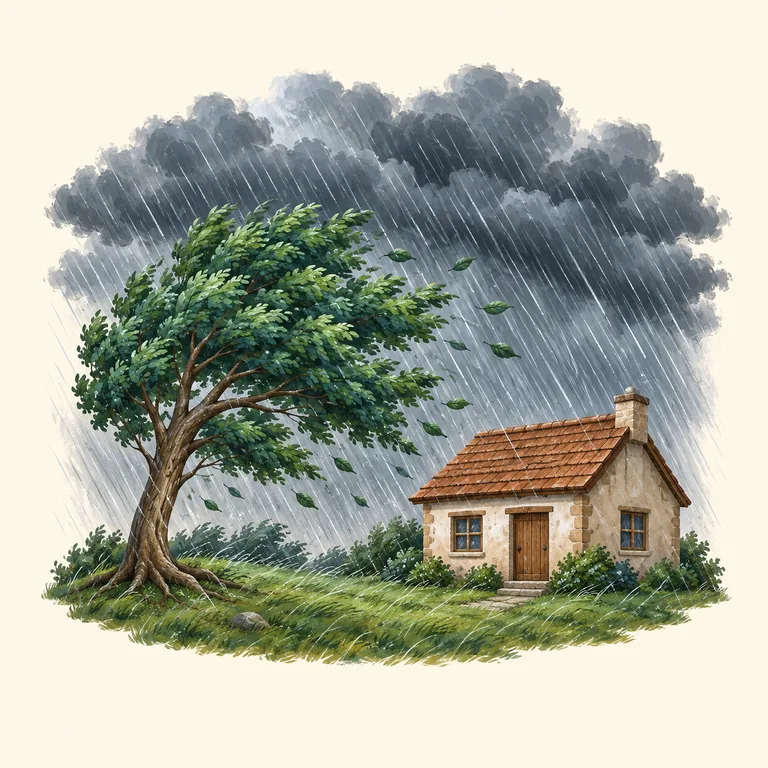 พายุลมฝนรุนแรง เมฆมืด ฝนสาดเอียง ต้นไม้ลู่ตามลม และบ้านหลังเล็กในฉากสมมติ