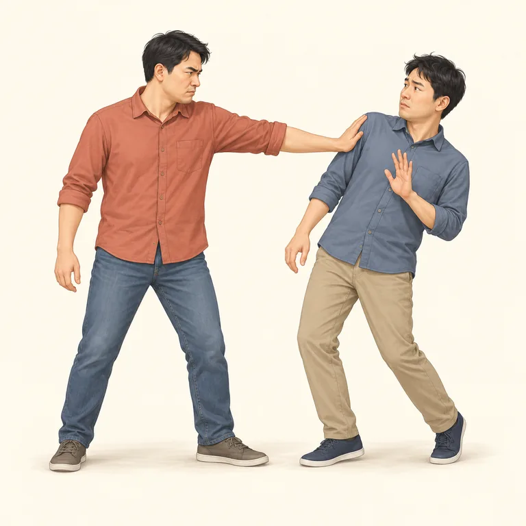 ฉากสมมติชายคนหนึ่งใช้มือผลักไหล่อีกคนที่ยกมือป้องกัน แสดงการใช้กำลังโดยไม่มีภาพบาดเจ็บ
