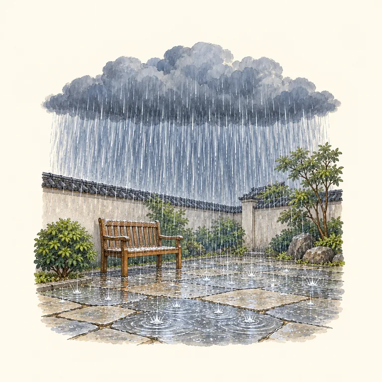 ฉากสมมติฝนตกหนักหนาแน่นในลานบ้าน มีม้านั่งว่างและแอ่งน้ำกระเด็น โดยไม่มีลมพายุรุนแรง