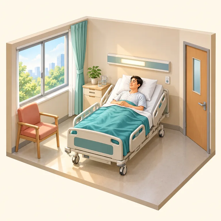 ห้องผู้ป่วยในโรงพยาบาล มีผู้ป่วยหนึ่งคนพักบนเตียง พร้อมหน้าต่าง ตู้ข้างเตียง และเก้าอี้เยี่ยม แสดงความหมาย 病房