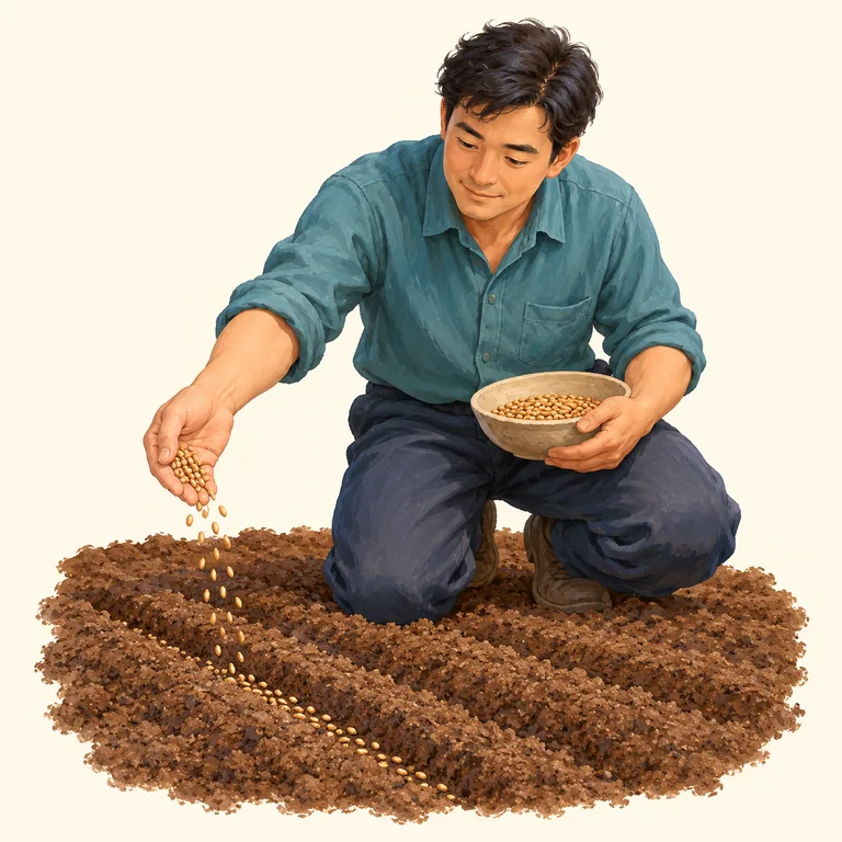 คนหว่านเมล็ดจากมือลงในร่องดิน สื่อความหมายการหว่านของ 播