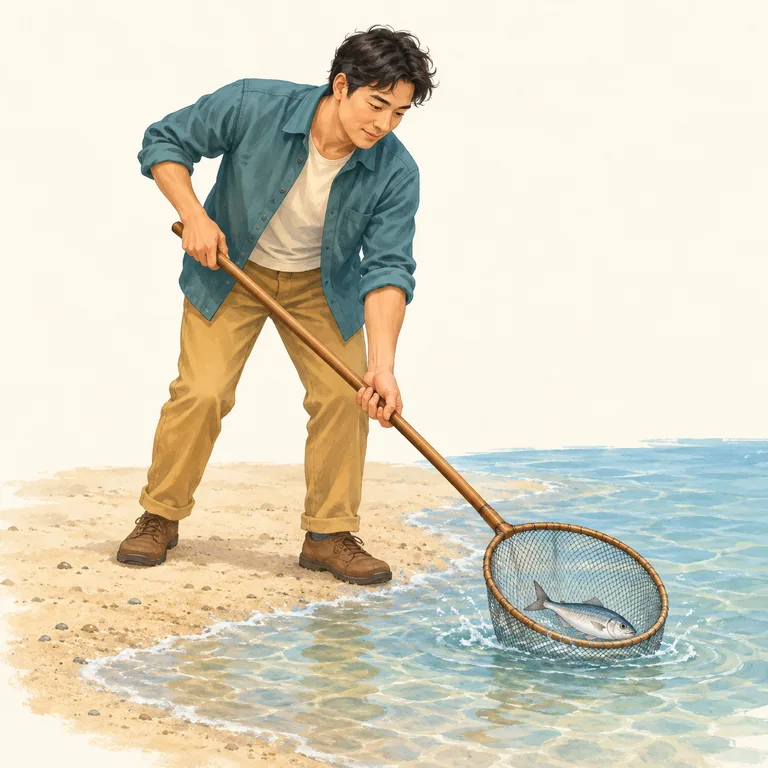 คนยืนริมทะเลใช้สวิงจับปลาหนึ่งตัวไว้ในตาข่าย สื่อ 捕 ว่าจับหรือดักจับ