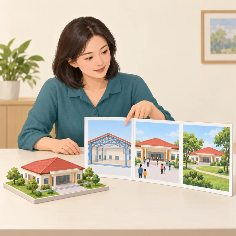 ผู้หญิงพิจารณาโครงการอาคารหลังเดียวผ่านภาพด้านโครงสร้าง การใช้งาน และพื้นที่สีเขียว สื่อแง่มุมต่าง ๆ หรือ 层面