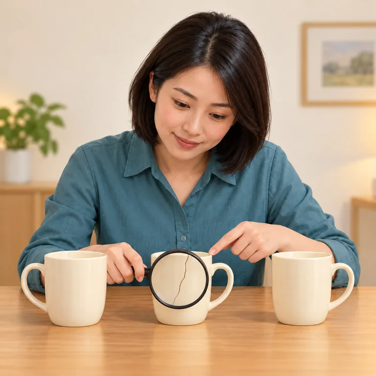 ผู้ตรวจใช้แว่นขยายตรวจพบรอยร้าวในแก้วใบกลางจากแก้วสามใบ สื่อความหมาย 查出