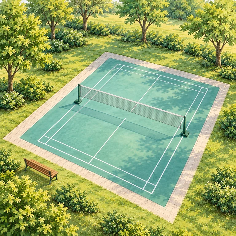 สนามกีฬาว่างในสวนสมมติพร้อมตาข่ายและขอบพื้นที่ครบ สื่อพื้นที่สำหรับทำกิจกรรมของคำ 场地