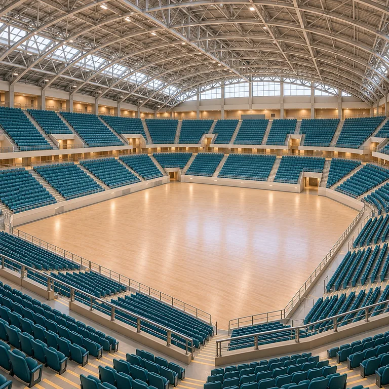 อาคารสถานที่จัดงานสมมติที่มีพื้นกิจกรรม อัฒจันทร์ ทางเดิน และหลังคา สื่อความหมายของคำ 场馆