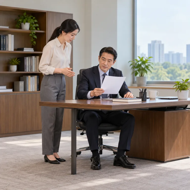 ฉากสมมติในสำนักงาน หัวหน้ากองนั่งตรวจเอกสารและเพื่อนร่วมงานยืนสนทนา