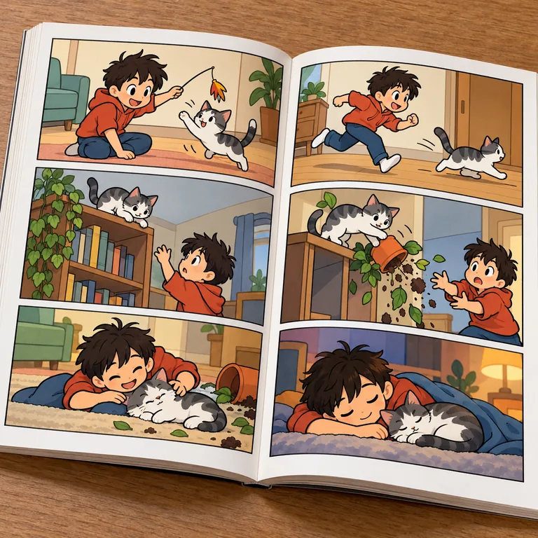 หนังสือการ์ตูนเปิดอยู่ มีภาพวาดหกช่องเล่าเรื่องเด็กกับแมว