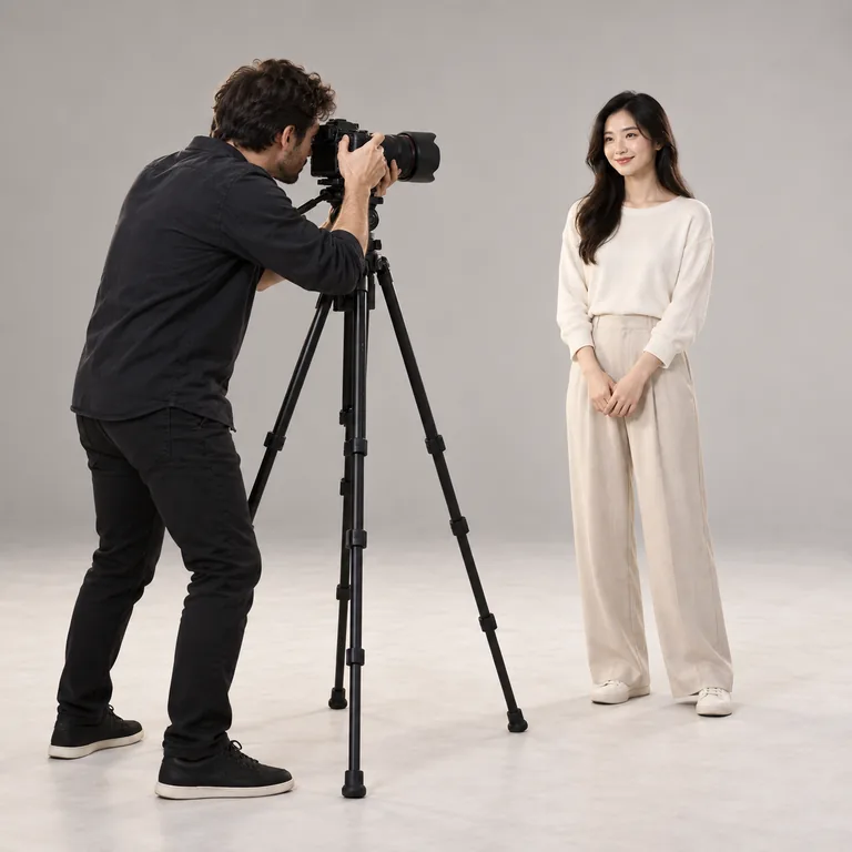 ช่างกล้องกำลังมองผ่านช่องมองภาพและถ่ายนักแสดงหนึ่งคนบนฉากเรียบง่าย