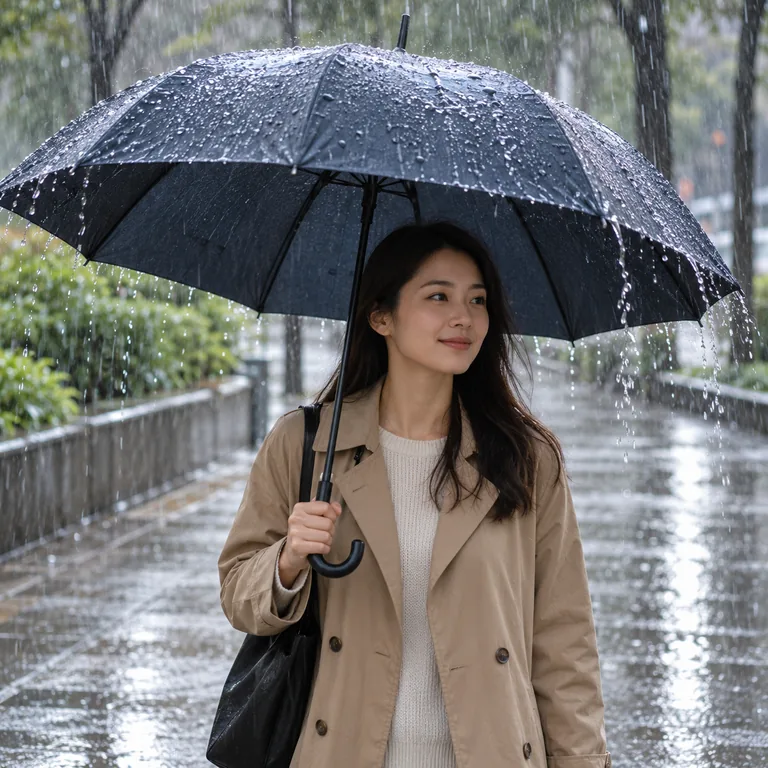 ร่มกำลังทำหน้าที่กันฝนให้ผู้ถือ ขณะที่ฝนตกและไหลออกจากขอบร่ม
