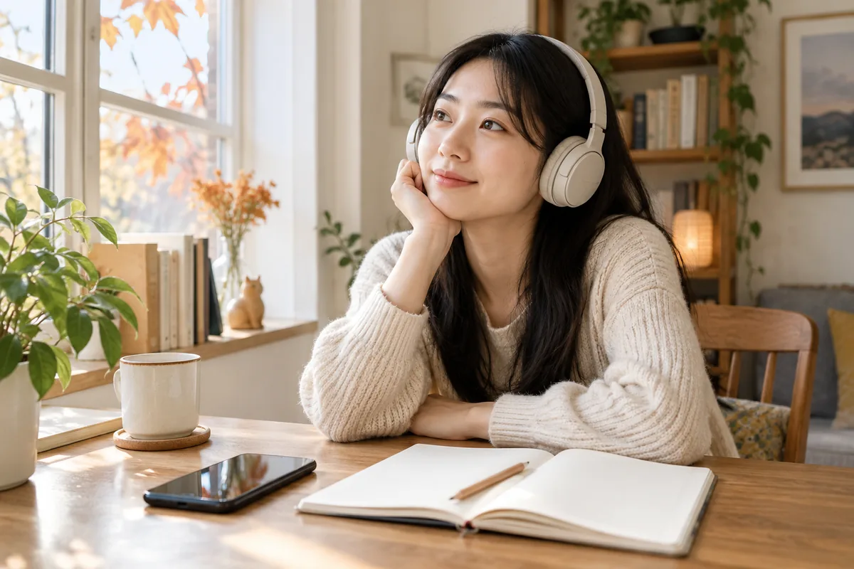 ผู้เรียนฟังเพลงผ่านหูฟังข้างหน้าต่าง พร้อมสมุดสำหรับจดคำศัพท์จีน